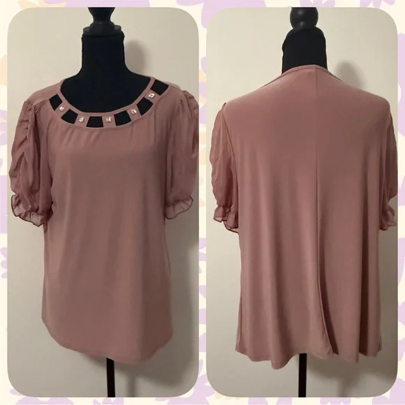 Elegant Blush Blouse with Embellished Neckline - Picture 1 of 4